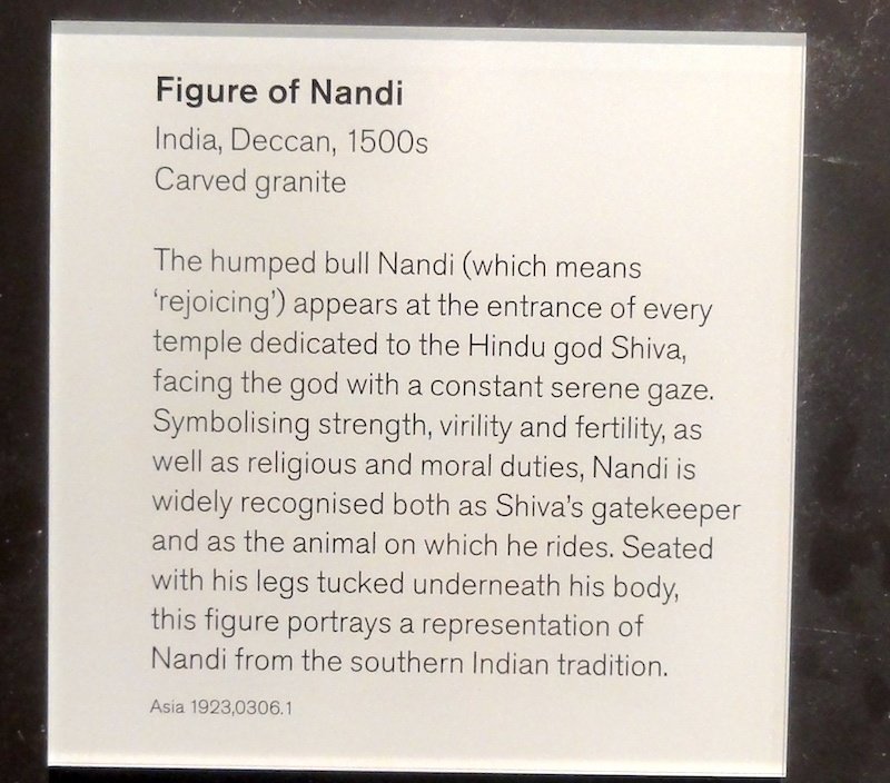 Museum label for a carved granite sculpture entitled "Figure of Nandi"